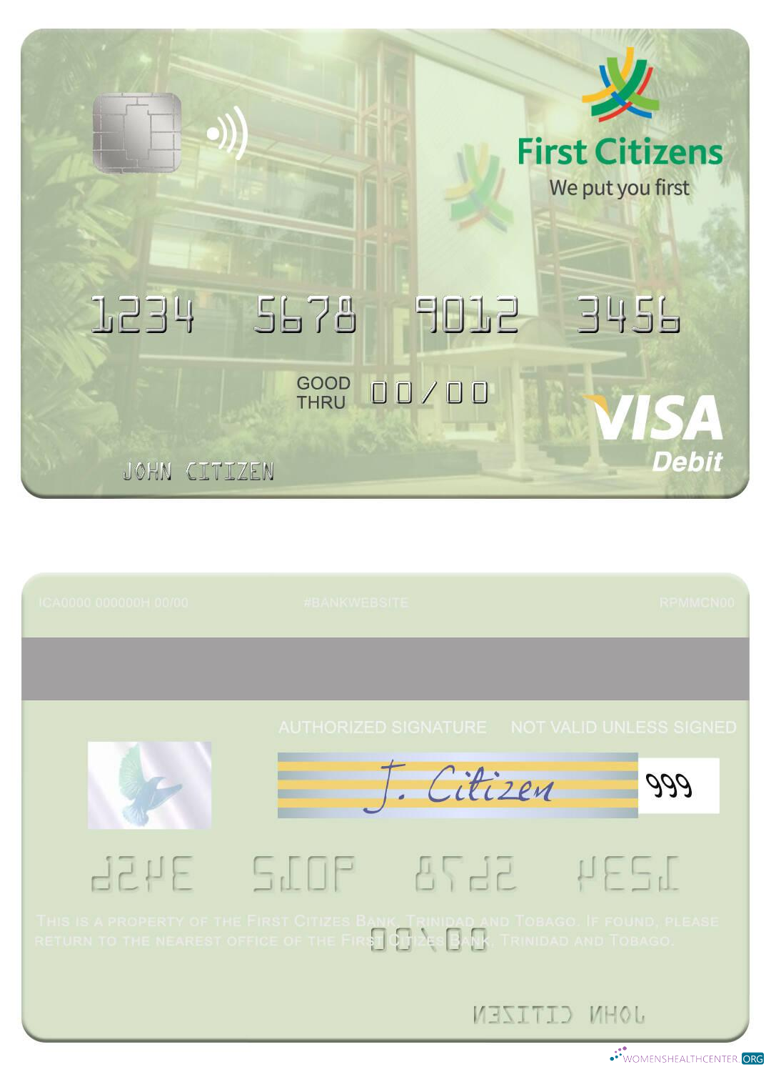 Download Trinidad and Tobago First Citizes Bank visa debit card Photoshop template
